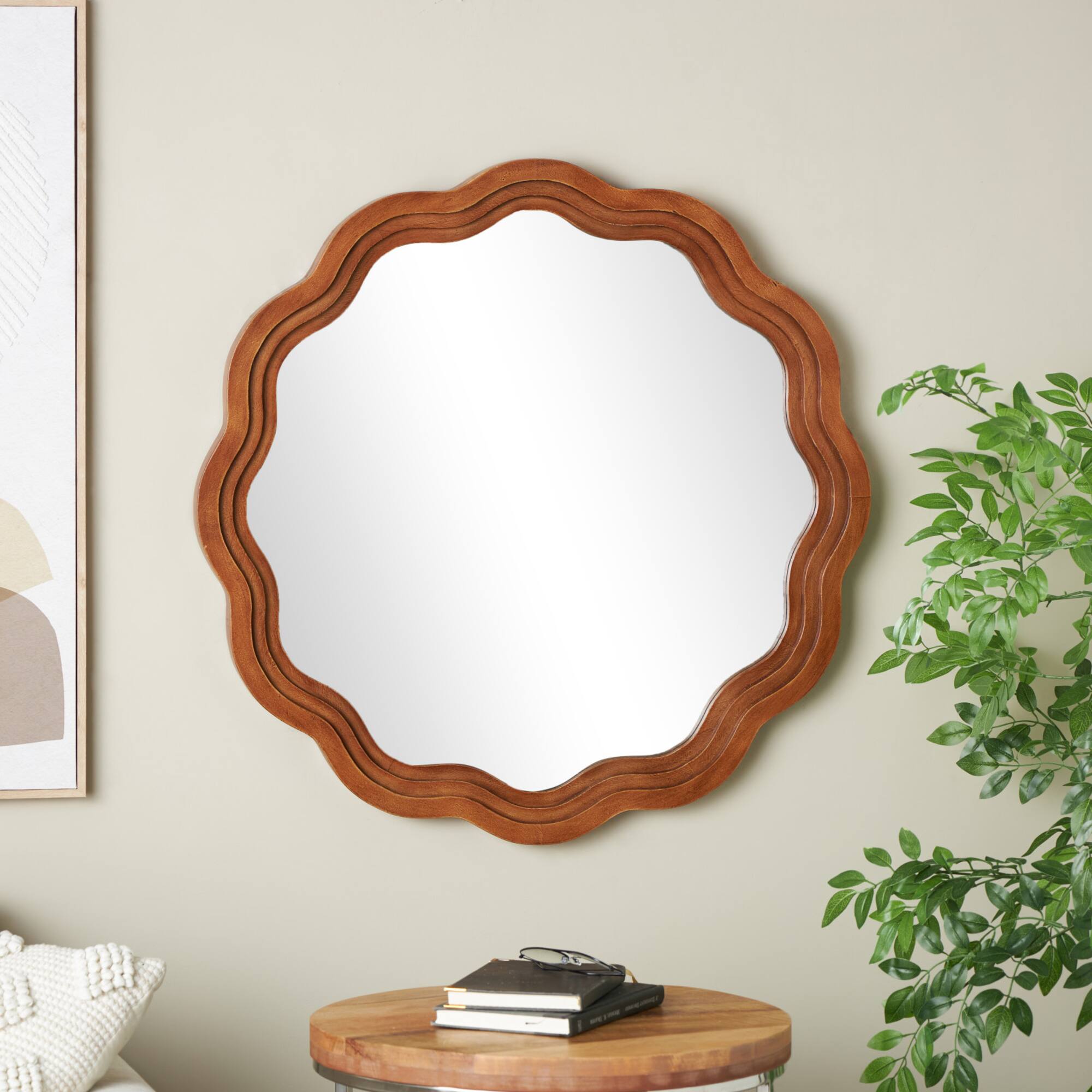 31" Brown Wood Handmade Wall Mirror with Dimensional Carved Frame